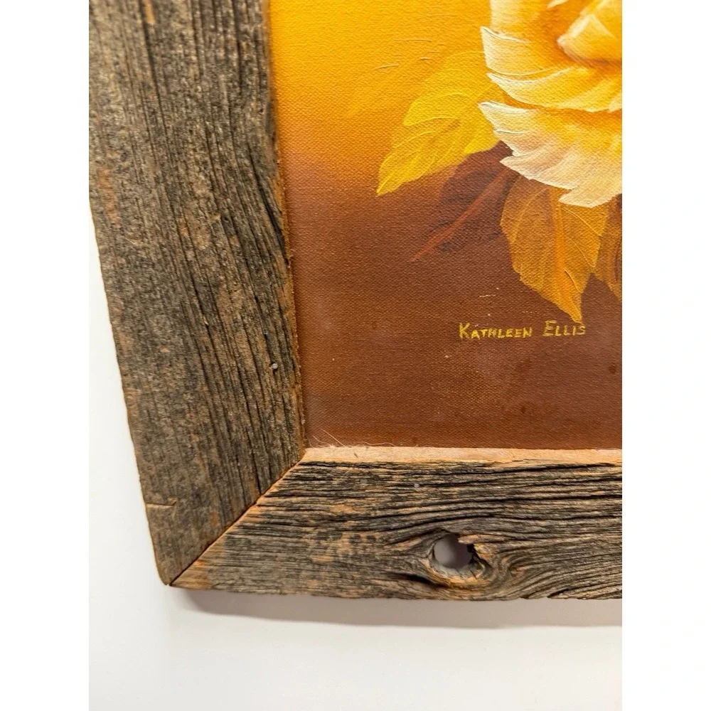 MCM Yellow Roses Oil Painting Carved Wood Frame Aged Vintage Sweet